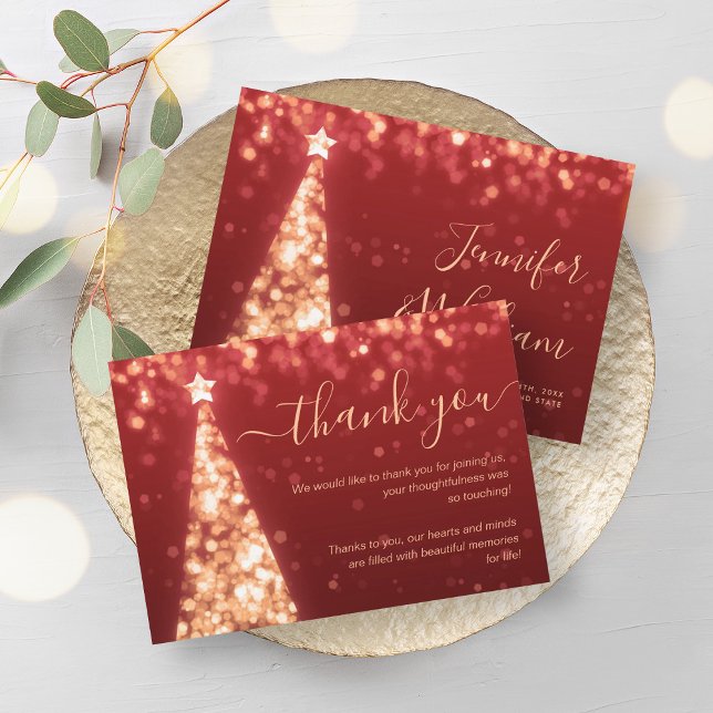 Cartões de agradecimentos Dourado de Casamento Ver (Festive Xmas Tree Gold Red Wedding Thank You Card)
