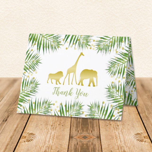 Cartões de agradecimentos Dourado de Chás de frald (Tropical Safari Animals gold and green with palm branches Folded Thank You Card)