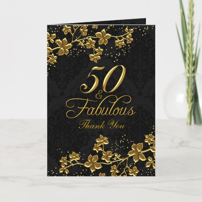 Cartões de agradecimentos Dourado Floral 50 Fabulo (Frente)
