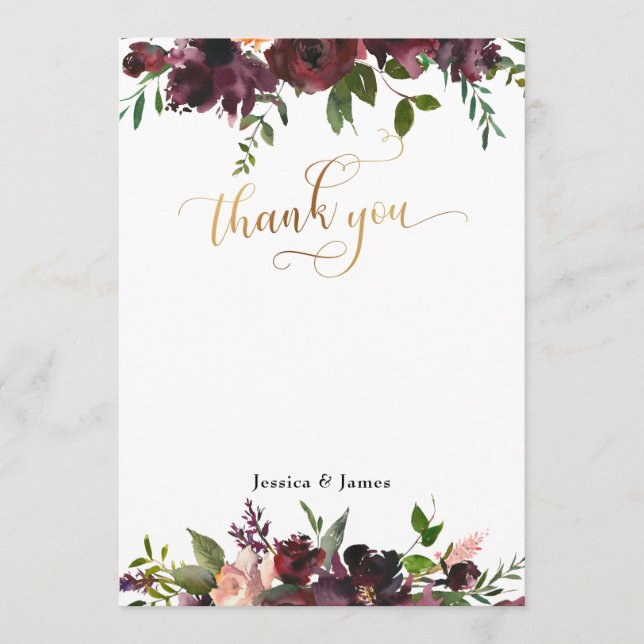 Cartões de agradecimentos Dourado Floral  Floral V (Frente)