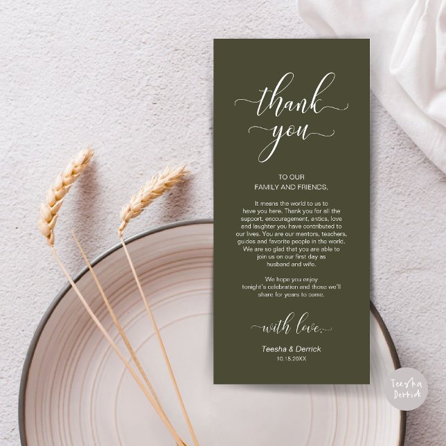Cartões de agradecimentos Elegante de Definição de (Wedding Dinner Place Setting Thank You Card, in Modern Classy, Olive Green)
