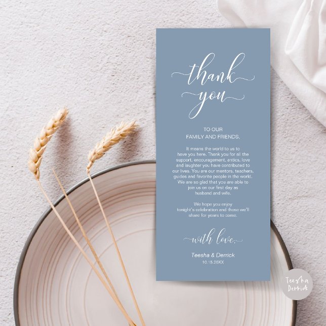 Cartões de agradecimentos Elegante de Definição de (Wedding Dinner Place Setting Thank You Card, in Modern Classy, Dusty Blue)
