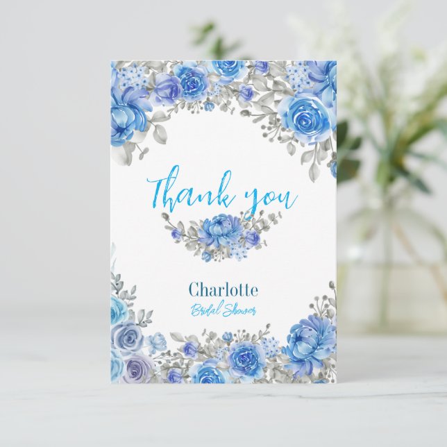 Cartões de agradecimentos Floral Azul Elegante (Em pé/Frente)