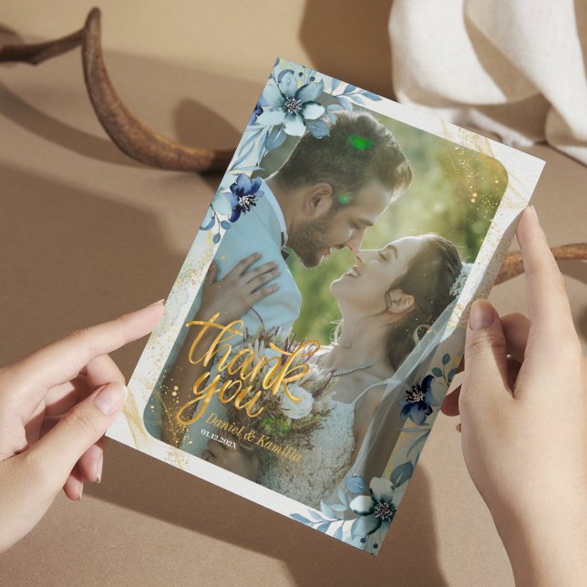 Cartões de agradecimentos Floral Azul Rustic Dusty (Rustic Dusty Blue Floral Thank You Card - Photo Insert)