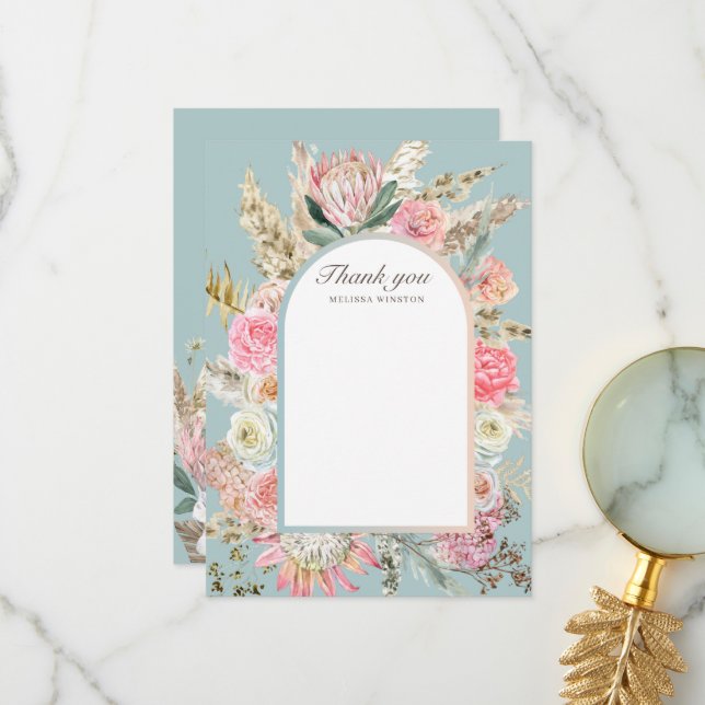 cartões de agradecimentos floral boêmico teal eleg (Frente/Verso In Situ)