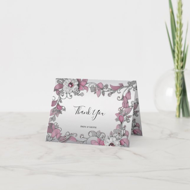 Cartões de agradecimentos Floral Branco Prateado R (Frente)