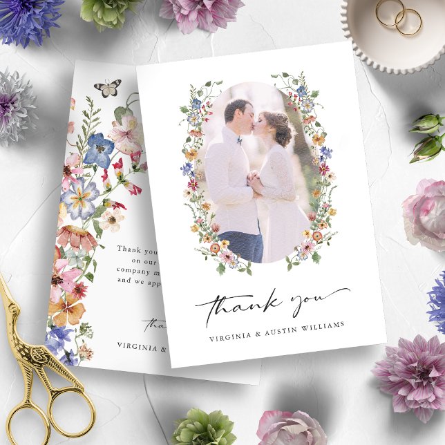 Cartões de agradecimentos Floral Colorido (Colorful Watercolor Wildflower Wedding Thank You Photo Card by Painted Paperie)
