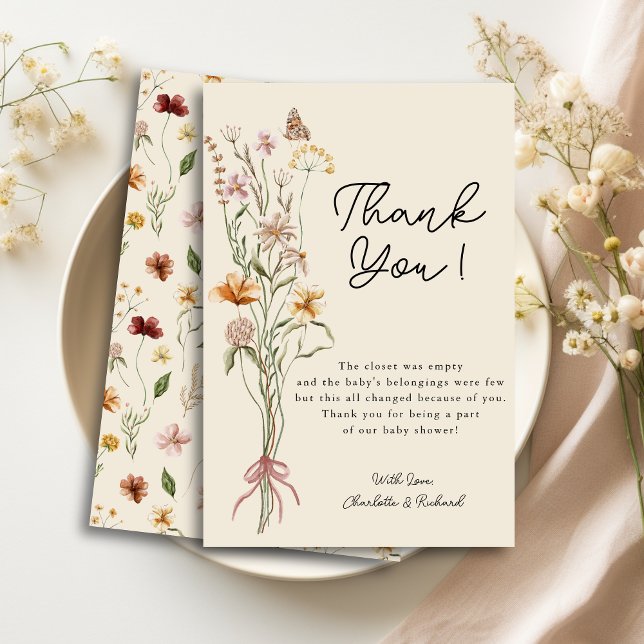 Cartões de agradecimentos Floral de Chá de fraldas (Wildflower Boho Floral Baby Shower Thank You Card)