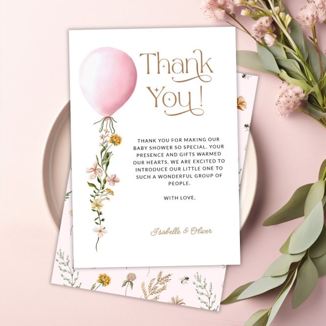 Cartões de agradecimentos Floral do Balão Rosa (Pink Balloon Floral Baby Shower Thank You Card)