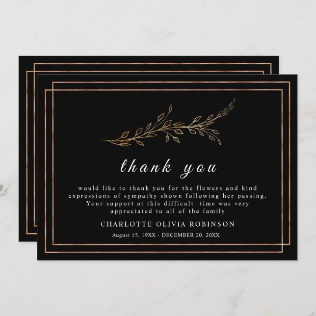 Cartões de agradecimentos Floral Elegante Preto e  (Frente/Verso)