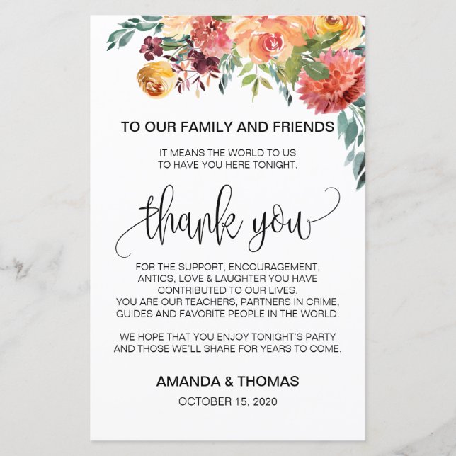 Cartões de agradecimentos Floral Laranja Autumn Bu (Frente)