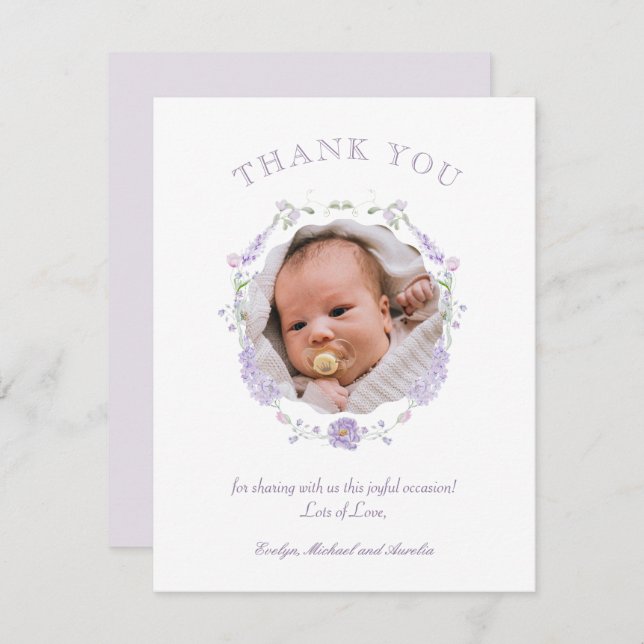 Cartões de agradecimentos Floral Lilac Wreath Bapt (Frente/Verso)