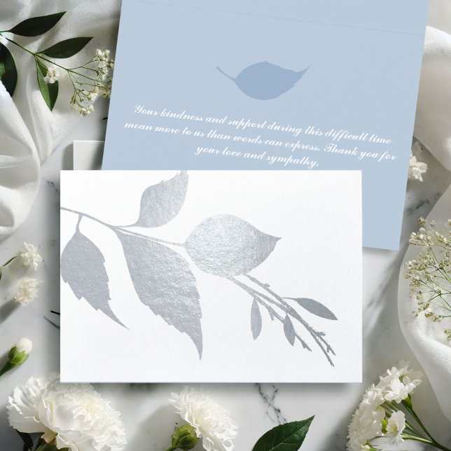 Cartões de agradecimentos Funeral Botânico (Funeral thank you cards silver foil leaves personalized inside.)