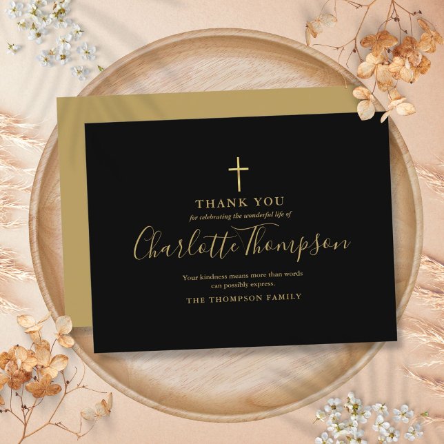 Cartões de agradecimentos Funeral Cruzado Elegante (Elegant Gold Cross Memorial Funeral Thank You Card)