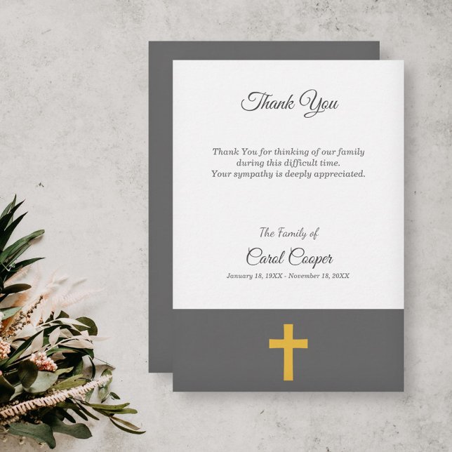 Cartões de agradecimentos Funeral Cruzado Simples, (Simple, Green, Gold Cross Funeral Thank You Card)