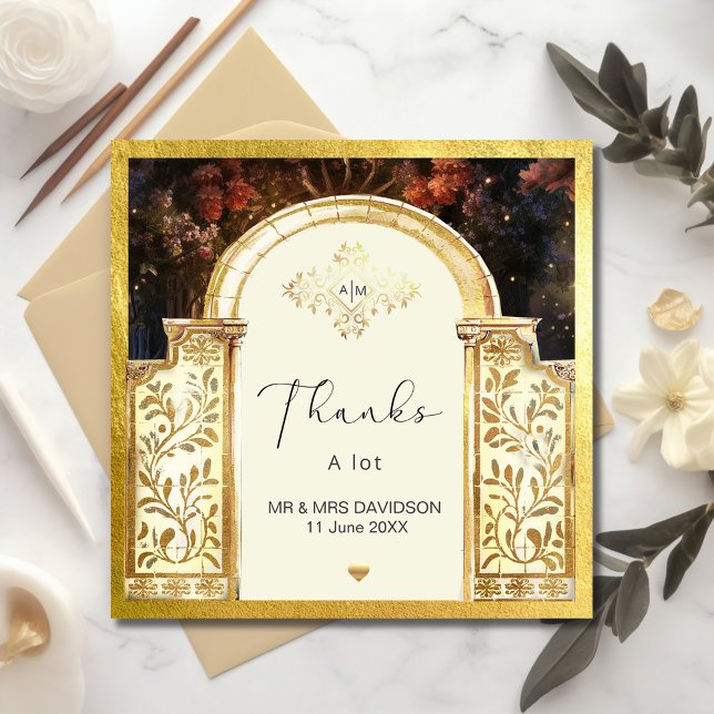 Cartões de agradecimentos Inchado da Porta do Jard (Enchanted Garden Gate Flat Thank You Card #zazzlemade #weddingthankyoucard #luxurystyle #arch)