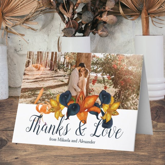 Cartões de agradecimentos marinho  Blue Orange Tig (Fall orange gold navy blue tiger lilies calla lilies wedding thank you card elegant script )