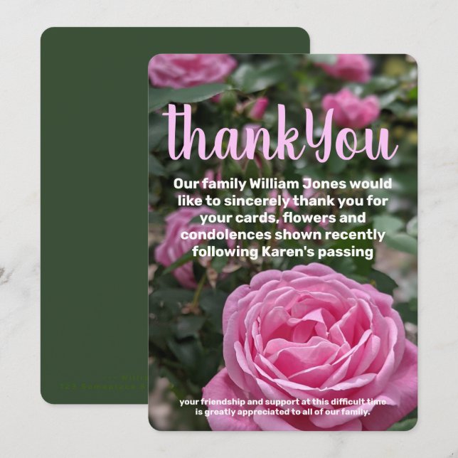 Cartões de agradecimentos Memorial de Rosas Rosa (Frente/Verso)