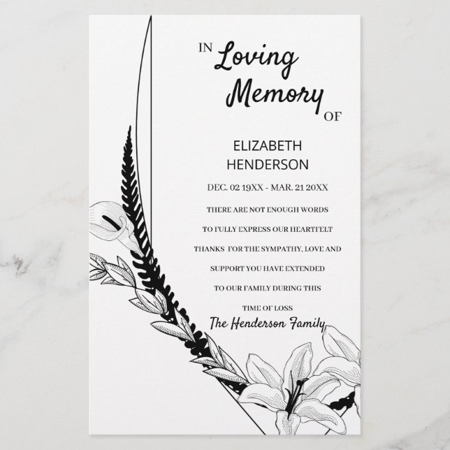 Cartões de agradecimentos orçamental em memória de (Frente)