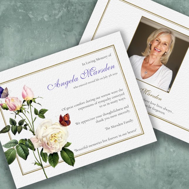 Cartões de agradecimentos para Borboletas e Rosas  (Funeral Elegant Butterflies and Roses Bereavement Memorial Sympathy Thank You Card)