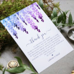 Cartões de agradecimentos plano<br><div class="desc">Casamento Obrigado Watercolor Wisteria Floral Card apresenta a sua foto favorita com o texto "Obrigado" na tipografia roxa moderna,  realçada com as flores azul-aquarela,  púrpura e lavanda-wisteria. Parte de uma coleção projetada pelo Evco Studio www.zazzle.com/store/evcostudio</div>