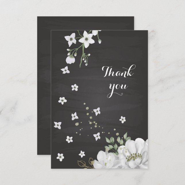 cartões de agradecimentos preto verde-flores branc (Frente/Verso)