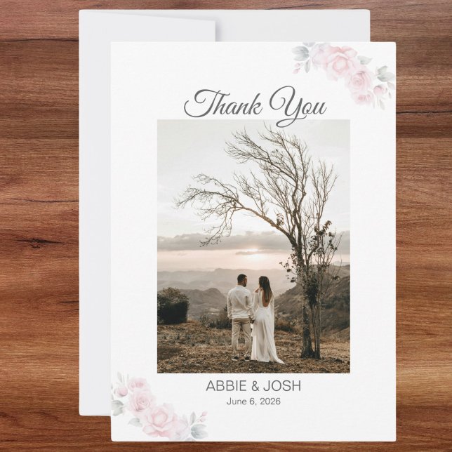 Cartões de agradecimentos Romântico de Casamento F (Romantic Floral Photo Wedding Thank You with elegant and modern script)