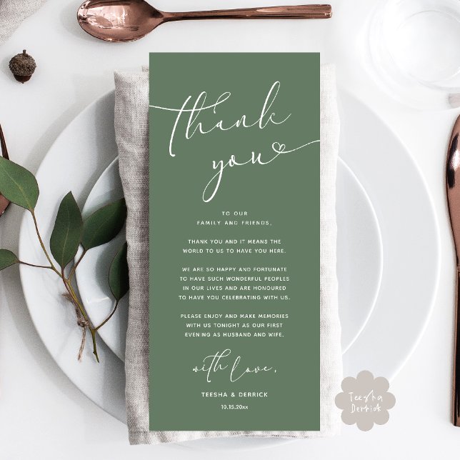 Cartões de agradecimentos Romântico de Definição d (Romantic Wedding Dinner Lunch Brunch Party Place Setting Thank You Card Sage Green)