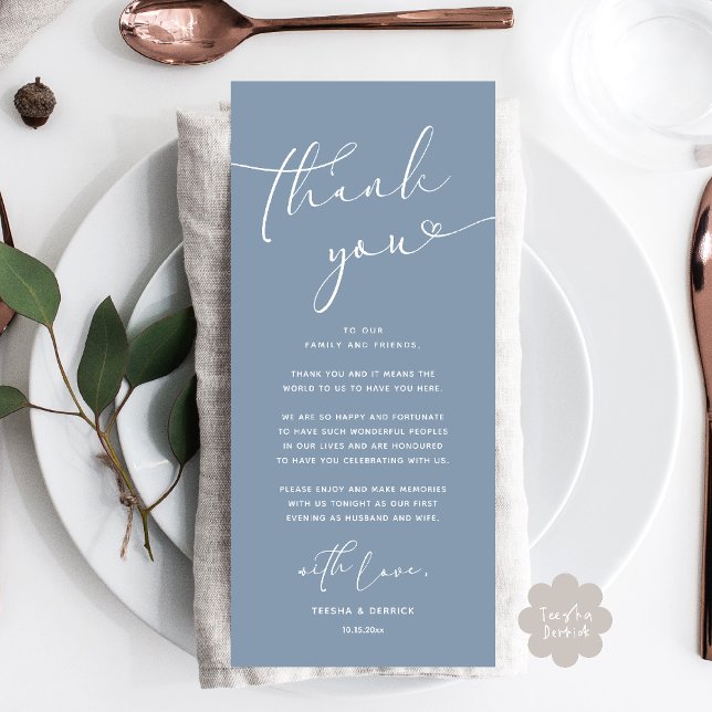Cartões de agradecimentos Romântico de Definição d (Romantic Wedding Dinner Lunch Brunch Party Place Setting Thank You Card Dusty Blue)