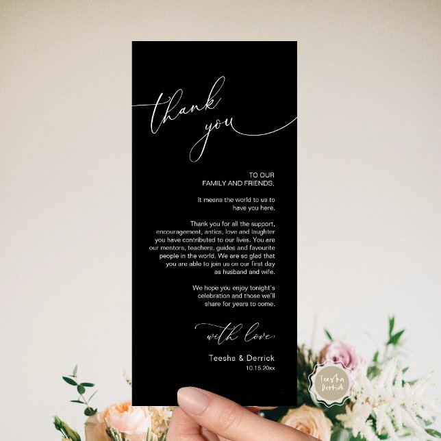 Cartões de agradecimentos Romântico de Definição d (Romantic Wedding Dinner Place Setting Thank You Card, Plate Decor, in Classy Black)