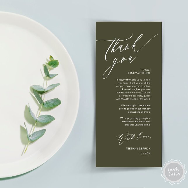 Cartões de agradecimentos Romântico de Definição d (Romantic Wedding Dinner Place Setting Thank You Card, in Olive Green)