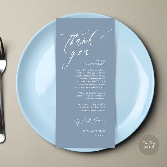 Cartões de agradecimentos Romântico de Definição d (Romantic Wedding Dinner Place Setting Thank You Card, in Dusty Blue)