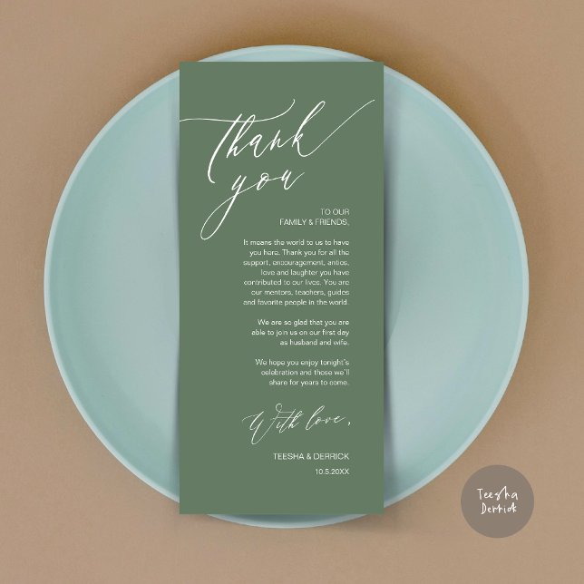 Cartões de agradecimentos Romântico de Definição d (Romantic Wedding Dinner Place Setting Thank You Card, in Forest Sage Green)