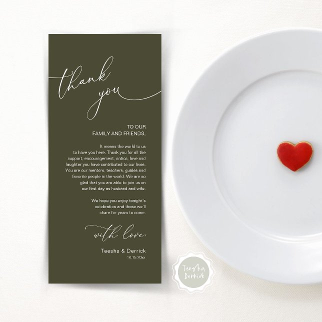 Cartões de agradecimentos Romântico de Definição d (Modern Romantic Wedding Lunch, Brunch, Dinner Place Setting Thank You Card, in Olive Green)