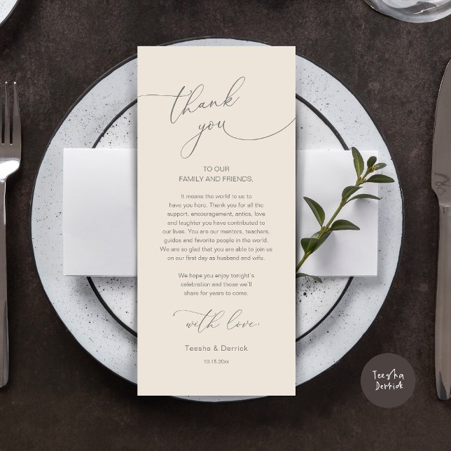 Cartões de agradecimentos Romântico de Definição d (Modern Romance Wedding Dinner, Lunch and Brunch Place Setting Thank You Card, in Cream Grey)