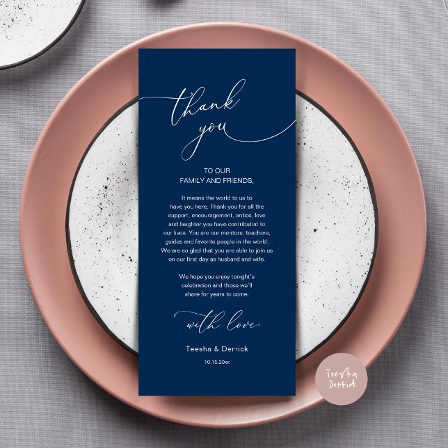 Cartões de agradecimentos Romântico de Definição d (Modern Romance Wedding Dinner, Lunch and Brunch Place Setting Thank You Card, in Navy Blue)