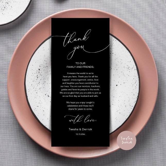 Cartões de agradecimentos Romântico de Definição d (Modern Romance Wedding Dinner, Lunch and Brunch Place Setting Thank You Card, in Classy Black)