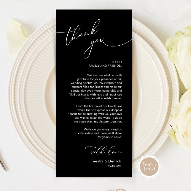 Cartões de agradecimentos Romântico de Definição d (Wedding Dinner Place Setting Thank You Card, Modern Romantic Script, in black and white)
