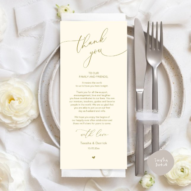 Cartões de agradecimentos Romântico de Definição d (Modern Romantic Wedding Dinner Place Setting Thank You Card, Plate Decor, in Retro Yellow Gold)