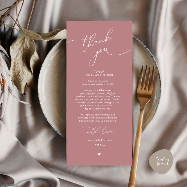 Cartões de agradecimentos Romântico de Definição d (Modern Romantic Wedding Dinner Place Setting Thank You Card, Plate Decor, in Dusty Rose Pink)