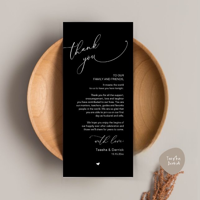 Cartões de agradecimentos Romântico de Definição d (Modern Romantic Wedding Dinner Place Setting Thank You Card, Plate Decor, in Classy Black)