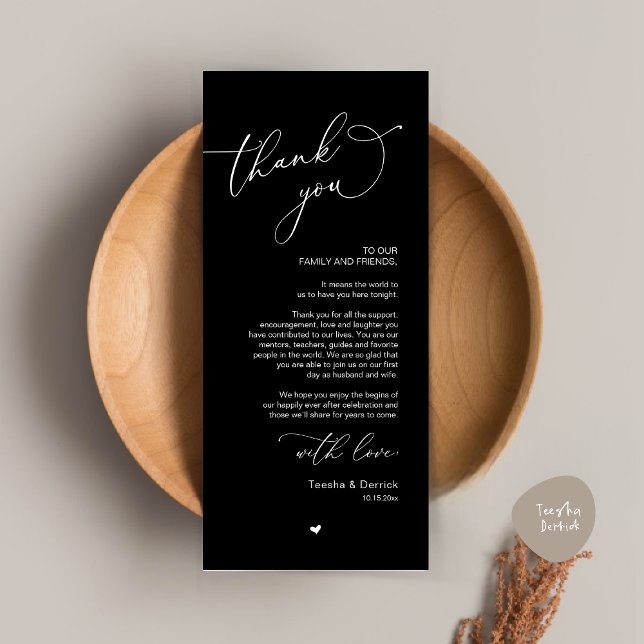 Cartões de agradecimentos Romântico de Definição d (Modern Romantic Wedding Dinner Place Setting Thank You Card, Plate Decor, in Classy Black)