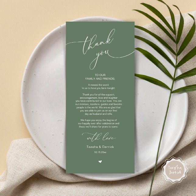 Cartões de agradecimentos Romântico de Definição d (Romantic Modern Wedding Dinner Place Setting Thank You Card, in Greenery Forest Sage Green)