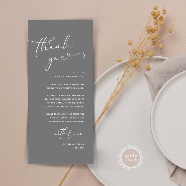 Cartões de agradecimentos Romântico de Definição d (Romantic Minimalist Wedding Dinner Place Setting Thank You Card, in Summer Dark Grey)