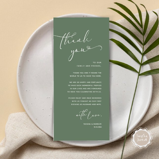 Cartões de agradecimentos Romântico de Definição d (Romantic Minimalist Wedding Dinner Place Setting Thank You Card, in Summer Forest Sage Green)