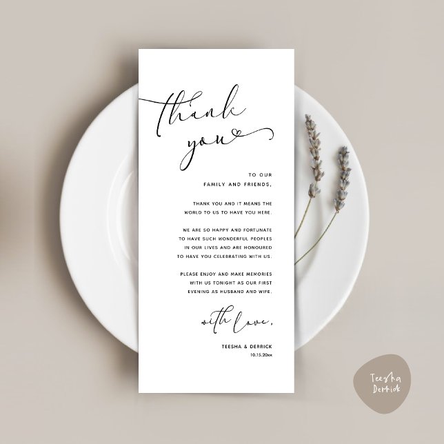 Cartões de agradecimentos Romântico de Definição d (Romantic Minimalist Wedding Dinner Place Setting Thank You Card, in White Black)