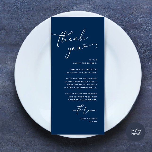 Cartões de agradecimentos Romântico de Definição d (Romantic Minimalist Wedding Dinner Place Setting Thank You Card, in Navy Blue)