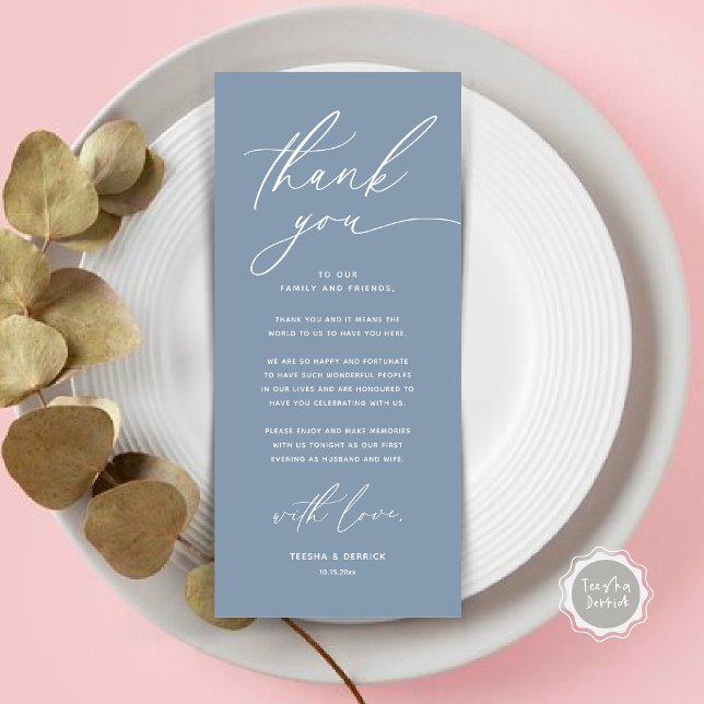 Cartões de agradecimentos Romântico de Definição d (Romantic Wedding Place Setting Modern Dinner Brunch Lunch Party Thank You Card in Dusty Blue)