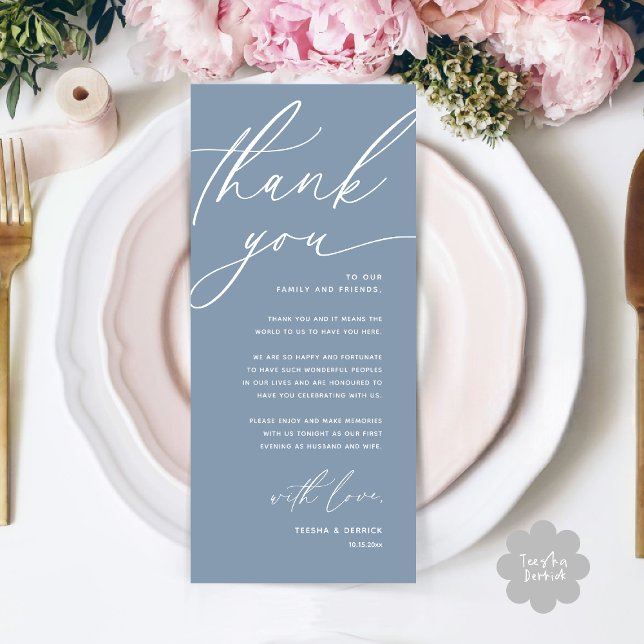 Cartões de agradecimentos Romântico de Definição d (Romantic Wedding Place Setting Modern Dinner Brunch Lunch Party Thank You Card in Dusty Blue)