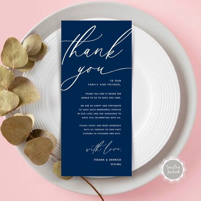 Cartões de agradecimentos Romântico de Definição d (Romantic Wedding Place Setting Modern Dinner Brunch Lunch Party Thank You Card in Navy Blue)